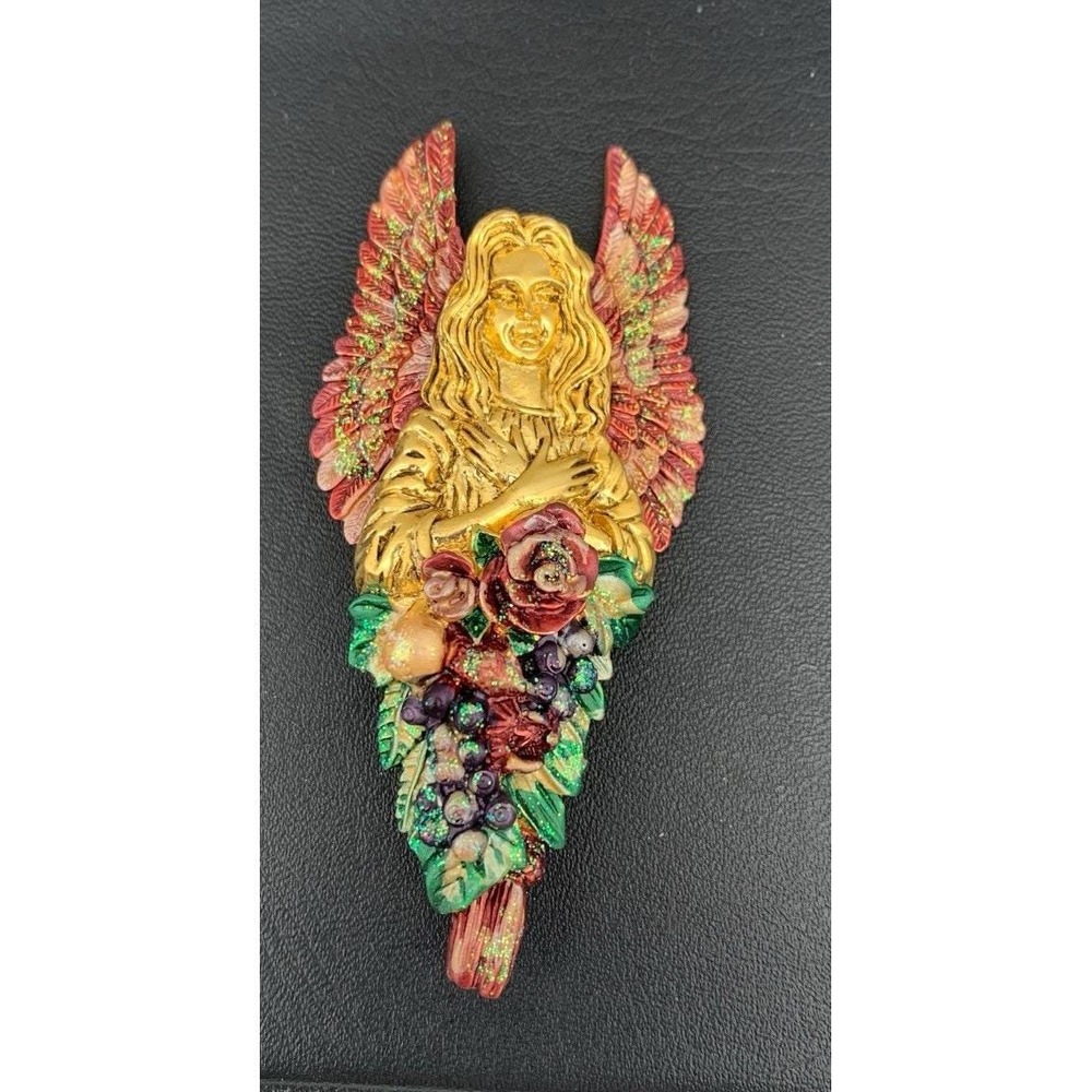 Vintage Stunning Gold Tone And Multi Colored Enamel Angel & Flowers Large Brooch